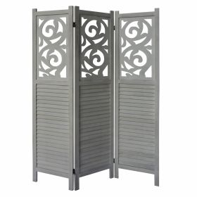 67 Inch Paulownia Wood Panel Divider Screen, Ornate Scrolled Shutter Design, 3 Panels, Rustic Gray