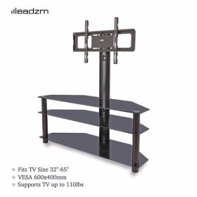 Leadzm TSG002 32-65" Corner Floor TV Stand with Swivel Bracket 3-Tier Tempered Glass Shelves