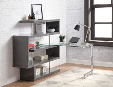 ACME Raceloma Writing Desk w/Shelf, Clear Glass, Gray & Chrome Finish 93181