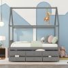 Full size Wooden House Bed with Trundle and 3 Storage Drawers-Grey