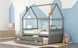 Full size Wooden House Bed with Trundle and 3 Storage Drawers-Grey