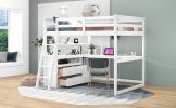 Full Size Loft Bed with Desk and Shelves; Two Built-in Drawers; White