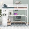 Full Size Loft Bed with Desk and Shelves; Two Built-in Drawers; White