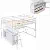 Full Size Loft Bed with Desk and Shelves; Two Built-in Drawers; White