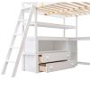 Full Size Loft Bed with Desk and Shelves; Two Built-in Drawers; White