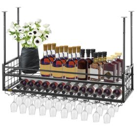 VEVOR Ceiling Wine Glass Rack, Hanging Wine Glass Rack, 18.9-35.8 inches Height Adjustable Hanging Wine Rack Cabinet, Black Wall-Mounted Wine Glass Ra (Load Capacity: 33 lbs / 15 kg, Shelf Dimensions: 46.9 x 11.8 x 9.8 inch / 119 x 30 x 25 cm)