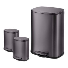 Rectangular Step Garbage Can 3 Piece Combo, 13.2 gal , Two 1.3 gal, Stainless Steel (Color: Black)