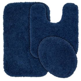 3 Piece Shaggy Nylon Washable Bathroom Rug (Color: Navy)