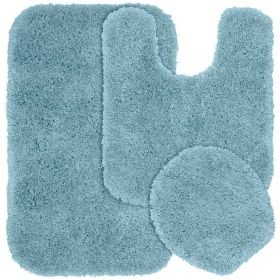 3 Piece Shaggy Nylon Washable Bathroom Rug (Color: Basin Blue)