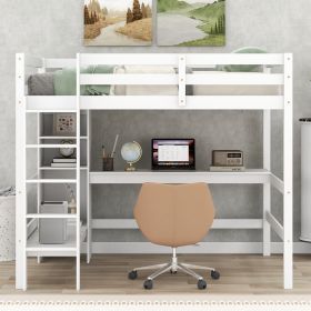 Full Size Loft Bed with Storage Shelves and Under-bed Desk (Color: White)