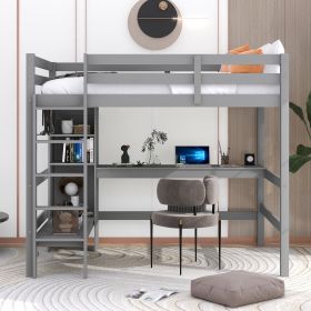 Full Size Loft Bed with Storage Shelves and Under-bed Desk (Color: Gray)