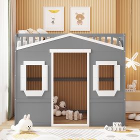 Full Size House Loft Bed With Ladder (Color: gray+White)