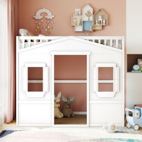 Full Size House Loft Bed With Ladder (Color: White)