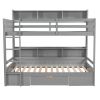 Twin Size Bunk Bed with Built-in Shelves Beside both Upper and Down Bed and Storage Drawe