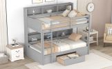 Twin Size Bunk Bed with Built-in Shelves Beside both Upper and Down Bed and Storage Drawe